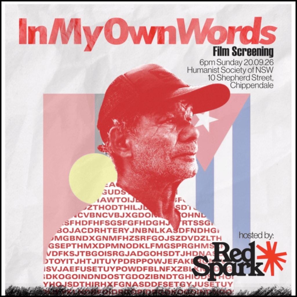 Promotional poster for the film screening 'In My Own Words', featuring a faded image of a man, with event details including date, time, and location.