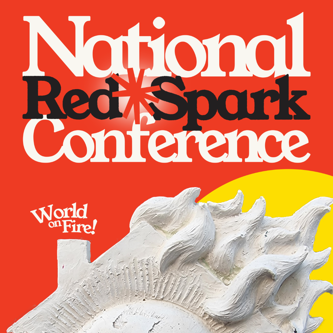 Poster for the National Red Spark Conference featuring bold text on a red background and a stylized sun design.